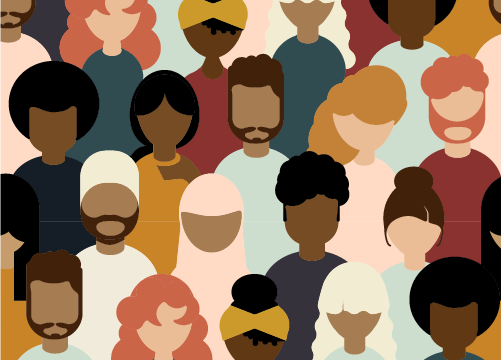 Cartoon image of a diverse group of people.