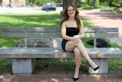 Michelle sitting on the Justice and Legal Studies bench