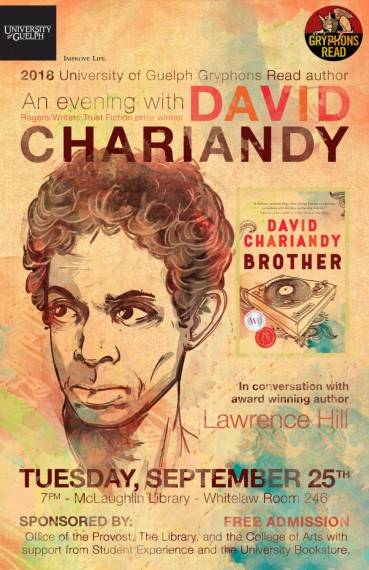 David Chariandy face with the cover of his book "Brother" beside him