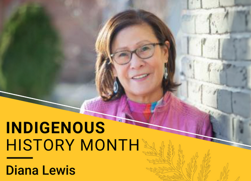 Indigenous History Month, Diana Lewis. A photo of Diana Lewis standing next to a brick wall smiling at the camera.