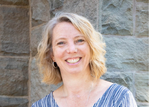 Headshot of Robin Roth, a woman with shoulder-length blond hair smiling at the camera, wearing a v-neck blue top in front of a brick wall.