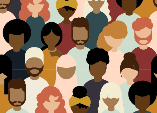 A cartoon graphic depiction of a diverse group of people.