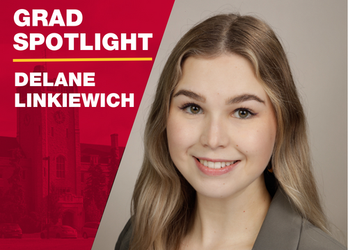 Grad Spotlight: Delane Linkiewich. Headshot of Delane, a white woman with long blonde hair, wearing a beige shirt and dark turquoise blazer and is smiling at the camera.