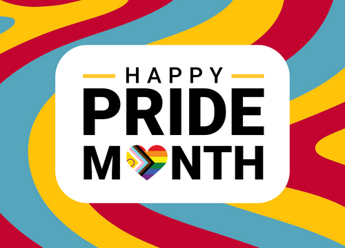 Happy Pride Month. The o in month is the pride flag in the shape of a heart.