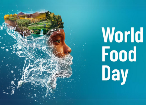 World Food Day. A composite image of a person's head transitioning into a splash of water, with images of fields and environments in the head. 
